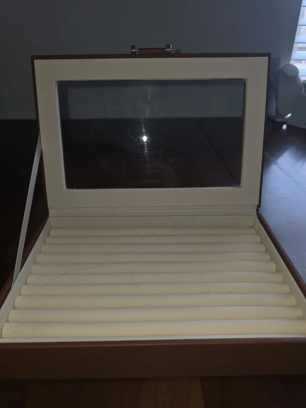 Tan Leather-Look Ring Storage Display with Glass Top, Excellent Condition